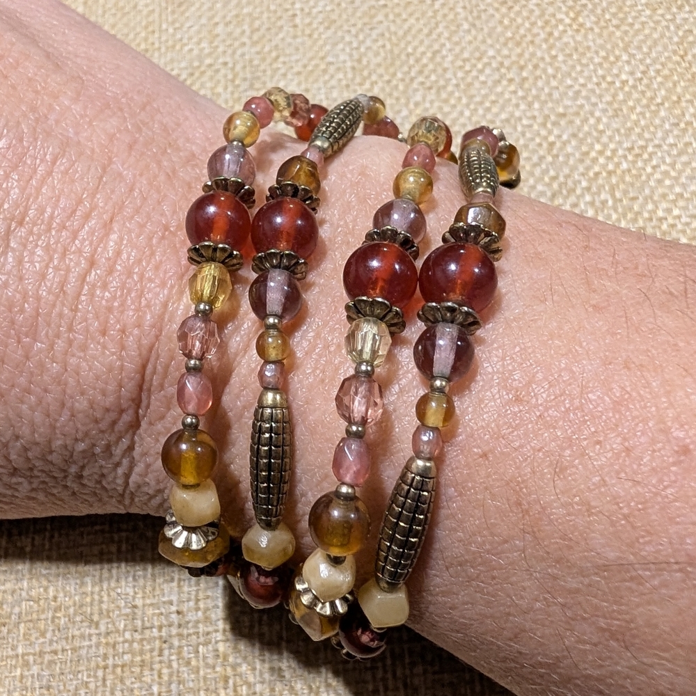 Vintage Style Multi-Strand Beaded Bracelet Earthy Amber Rust Bronze Tone